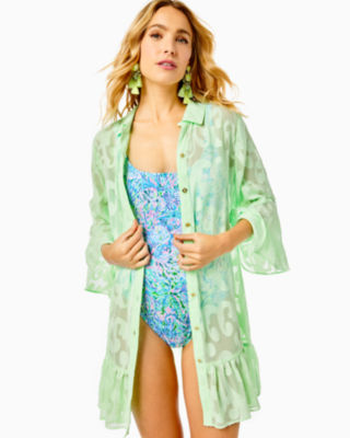 Lilly Pulitzer Linley Coverup In Pistachio Green Poly Crepe Swirl Clip