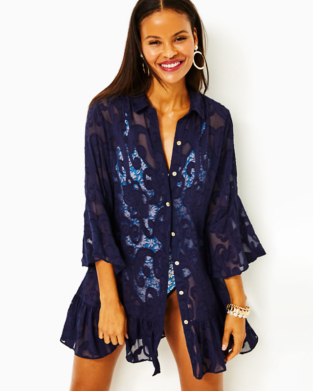 Linley Cover-Up, True Navy Poly Crepe Swirl Clip, large - Lilly Pulitzer