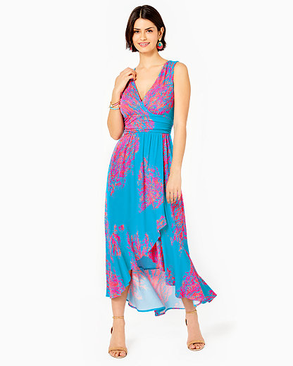 Fit And Flare, Ankle Length Maxi With Ruched Waistband And Faux Wrap Skirt With High-low Flounced He Women's Moana Wrap Maxi Dress In Turquoise Size Large, Goddess Of The Sea - Lilly Pulitzer In Turquo
