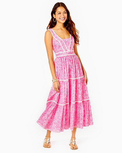 Fit And Flare Midi Dress With Tiered Skirt, Side Seam Pockets, Back Smocking Panel And Ric Rac Trim. Women's Pollie Midi Dress In Pink Size 10, Invest A Gator - Lilly Pulitzer In Pink