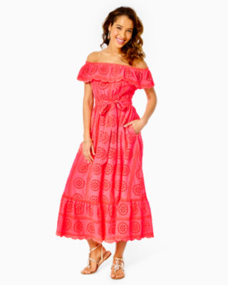 Liabella Off-The-Shoulder Eyelet Midi Dress, , large - Lilly Pulitzer