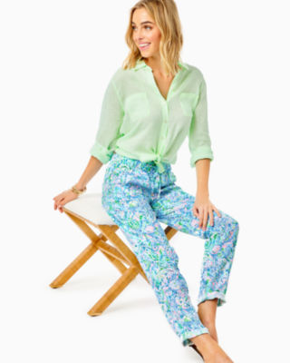 Lilly Pulitzer 31" Taron Mid-rise Linen Pant In Surf Blue Soleil It On Me