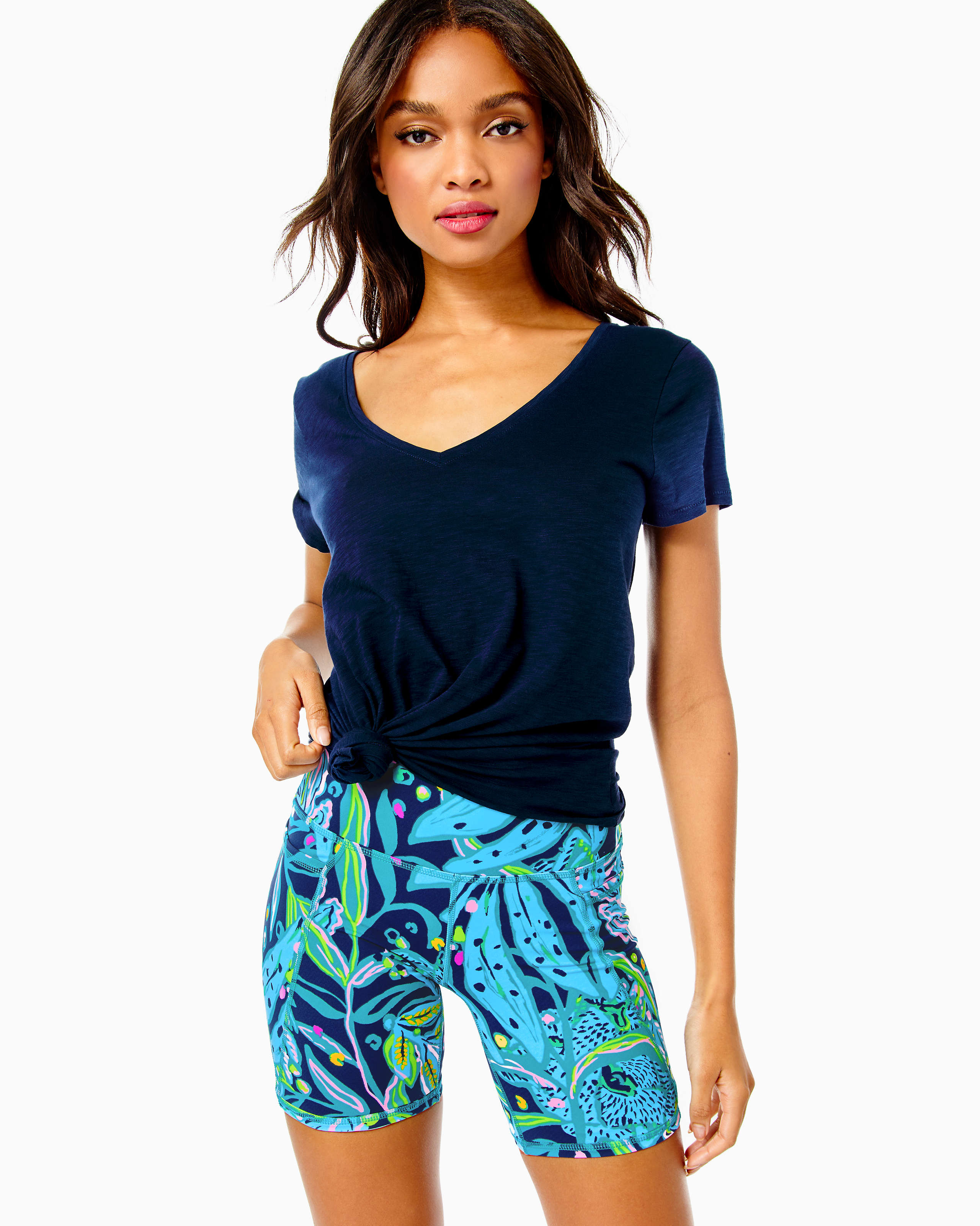 UPF 50+ Luxletic 8" South Beach High-Rise Bike Short, Low Tide Navy Catty Purrsonality, large - Lilly Pulitzer Zoomed