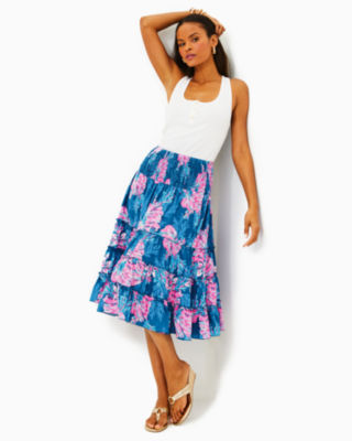【BAON】Kenku Nylon Banding Flared Midi Skirt Namu Shop - Aton Hand Dyed Nylon Flared Skirt - Navy