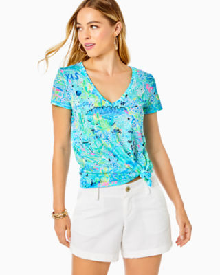 Easy Fit, Short Sleeve, Pullover, Washed Slub Tee With V-neck. Skims The Body. Roomier Fit. Palm Bea Etta V-neck Top In Bayside Blue Lilly Loves Texas
