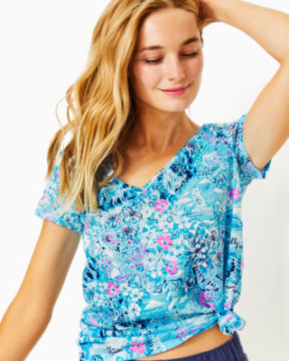 Etta V-Neck Top, Blue Peri Lilly Loves North Carolina, large - Lilly Pulitzer