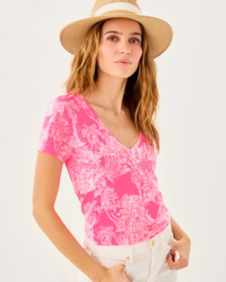 Etta V-Neck Top, Roxie Pink Pb Anniversary Toile, large - Lilly Pulitzer