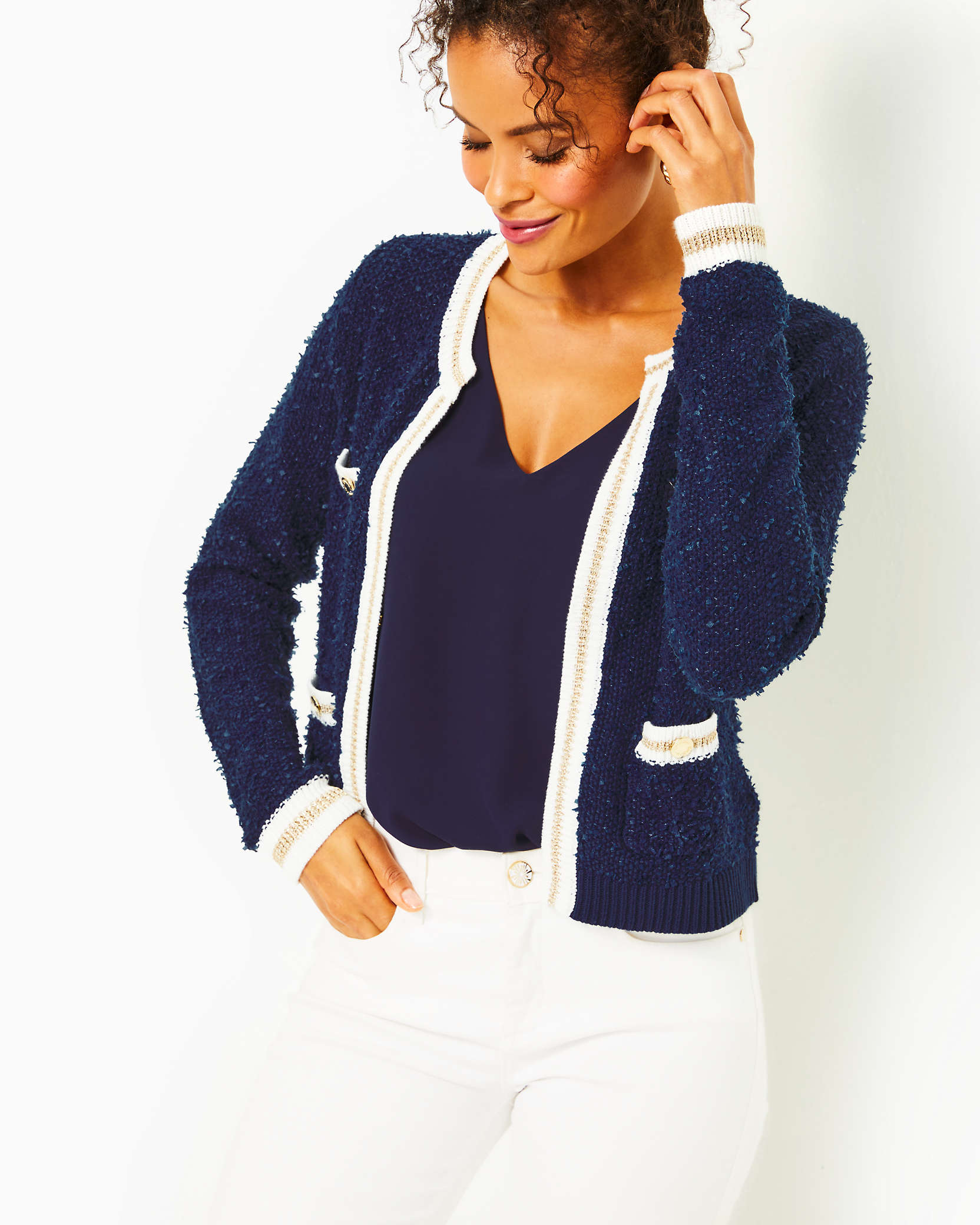 Shop Lilly Pulitzer Nalayna Cardigan In Low Tide Navy