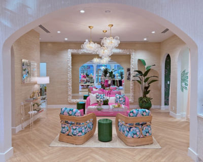 home office with lilly prints on the wall