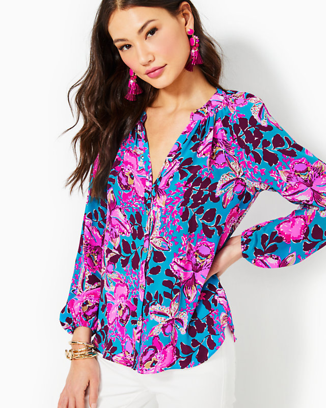 Saige Silk Top, Blue Rhapsody Orchid You Not, large - Lilly Pulitzer