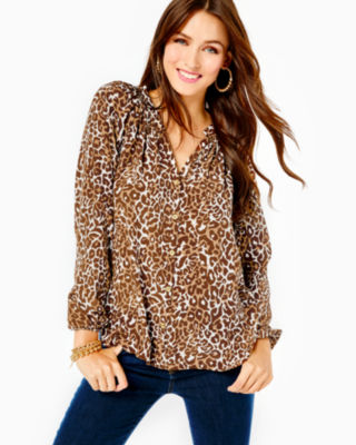 Lilly Pulitzer Saige Silk Top In Chocolate My Favorite Spot