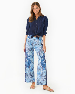 32" Bal Harbour Palazzo Pant, Bonaire Blue Just A Little Koi Engineered Pant, large - Lilly Pulitzer