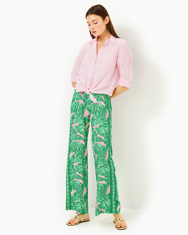 32" Bal Harbour Palazzo Pant, Conch Shell Pink Lets Go Bananas Engineered Pant, large - Lilly Pulitzer