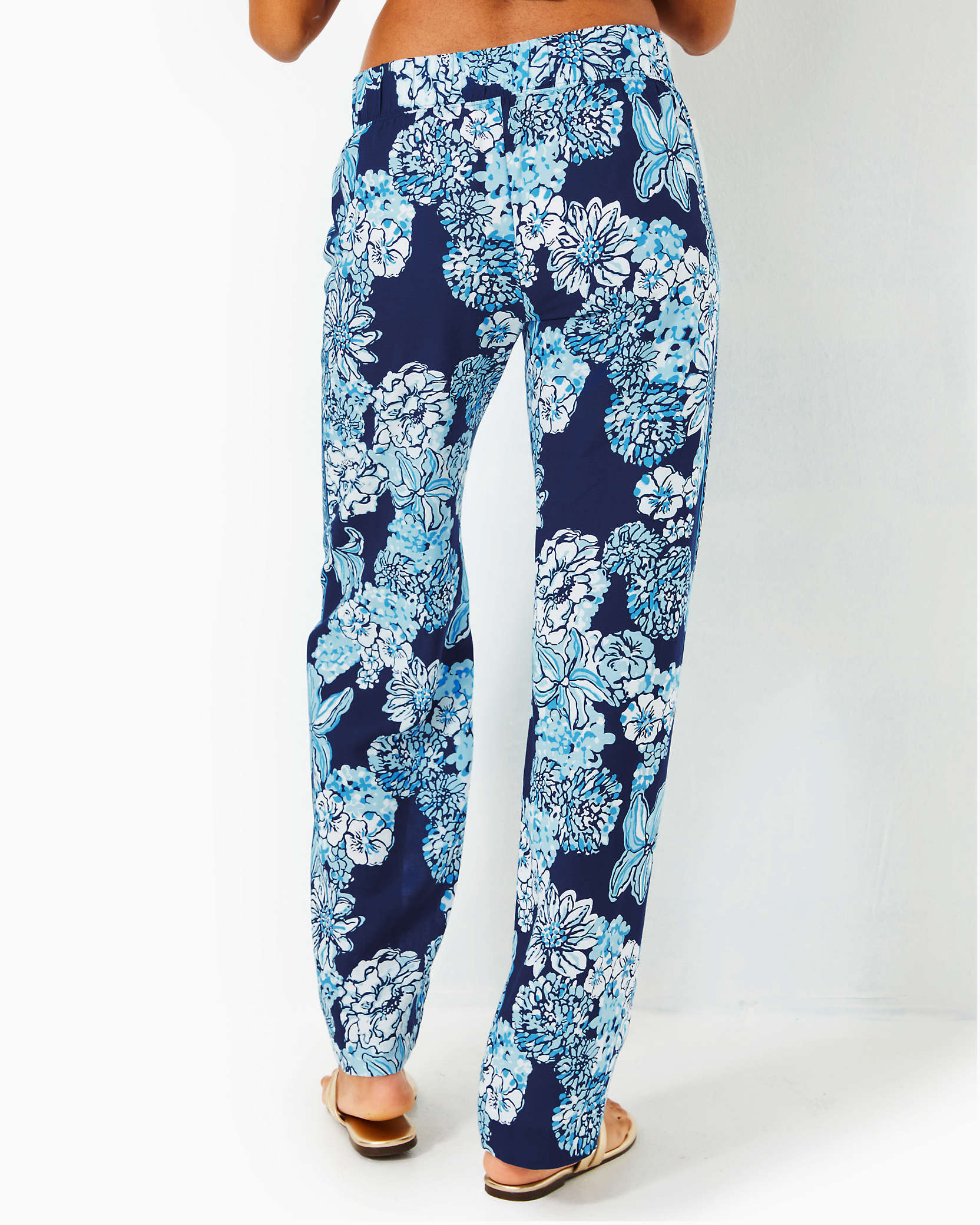 Shop Lilly Pulitzer 32" Bal Harbour Palazzo Pant In Low Tide Navy Bouquet All Day Engineered Pant