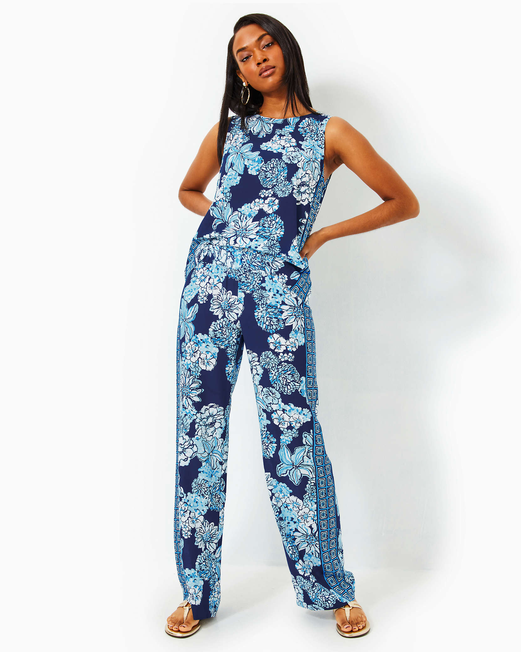 Shop Lilly Pulitzer 32" Bal Harbour Palazzo Pant In Low Tide Navy Bouquet All Day Engineered Pant