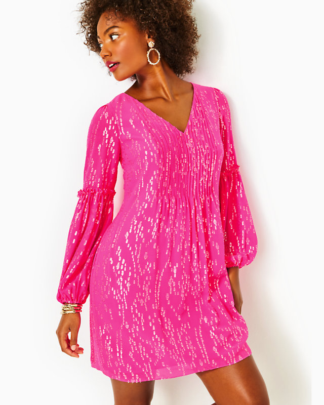 Cleme Silk Dress, Pink Palms Fish Clip Chiffon, large - Lilly Pulitzer