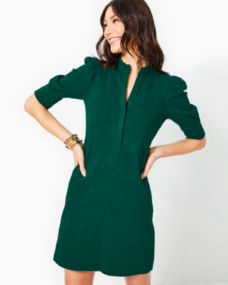 Lilly Pulitzer Elsey Popover Dress In Evergreen Knit Pucker Jacquard