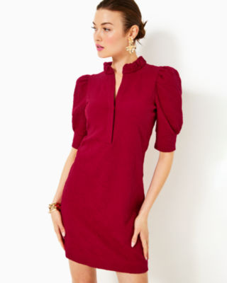 Elsey Popover Dress, Malbec Red Knit Pucker Jacquard, large - Lilly Pulitzer