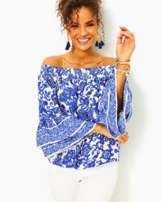 Lilly Pulitzer Kaori Off-the-shoulder Top In Deeper Coconut Ride With Me Engineered Woven Top