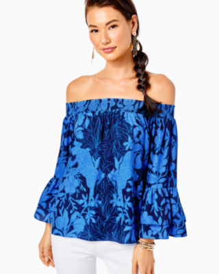 Lilly Pulitzer Kaori Off-the-shoulder Top In Low Tide Navy Spotting A Pattern Engineered Woven Top