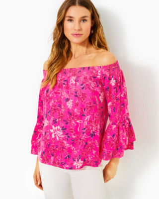 Kaori Off-the-Shoulder Top, Passion Fruit Pink Giraffic Park, large - Lilly Pulitzer