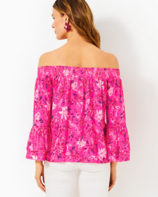 Lilly Pulitzer Kaori Off-the-shoulder Top In Passion Fruit Pink Giraffic Park