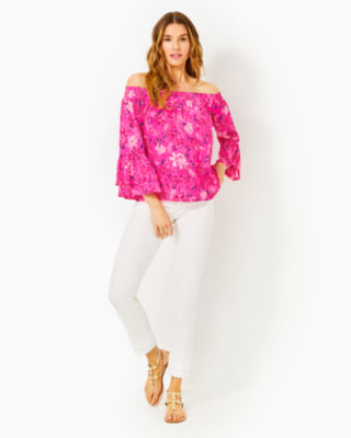 Lilly Pulitzer Kaori Off-the-shoulder Top In Passion Fruit Pink Giraffic Park