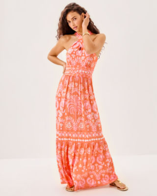 Montecito Halter Maxi Dress, Papaya Breezy Palm Engineered Maxi Dress, large image 1