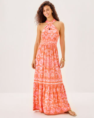 Montecito Halter Maxi Dress, Papaya Breezy Palm Engineered Maxi Dress, large image 3