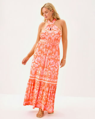 Montecito Halter Maxi Dress, Papaya Breezy Palm Engineered Maxi Dress, large image 4