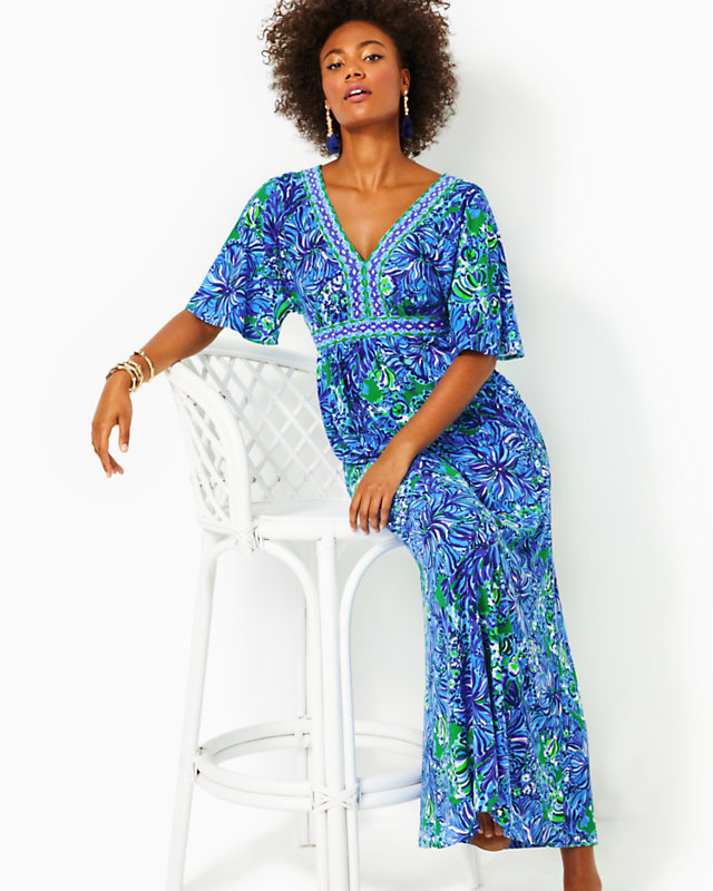 Addison Elbow Sleeve Maxi Dress, Abaco Blue In Turtle Awe Engineered Maxi Dress, large - Lilly Pulitzer