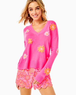 Lilly Pulitzer Tensley Sweater In Aura Pink Blooming Embroidery
