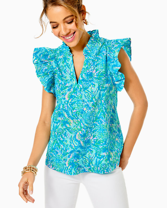 Klaudie Ruffle Sleeve Cotton Top, , large - Lilly Pulitzer