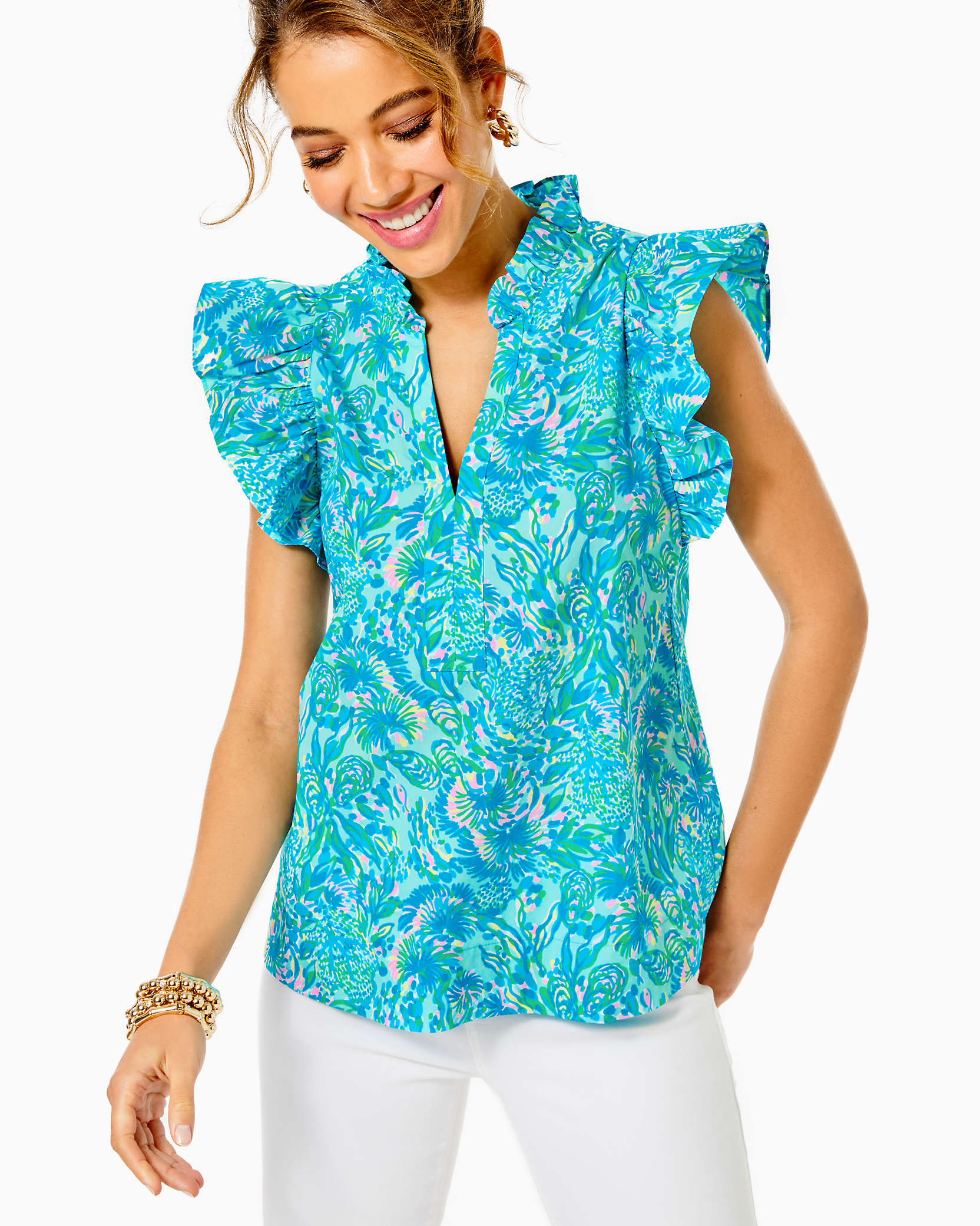 Lilly Pulitzer Klaudie Ruffle Sleeve Cotton Top In Surf Blue Coral Of The Story