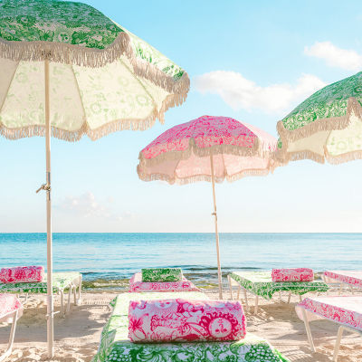 home office with lilly prints on the wall