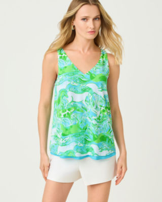 Florin Reversible Straight Hem Top, Capri Blue Galloping Gals, large