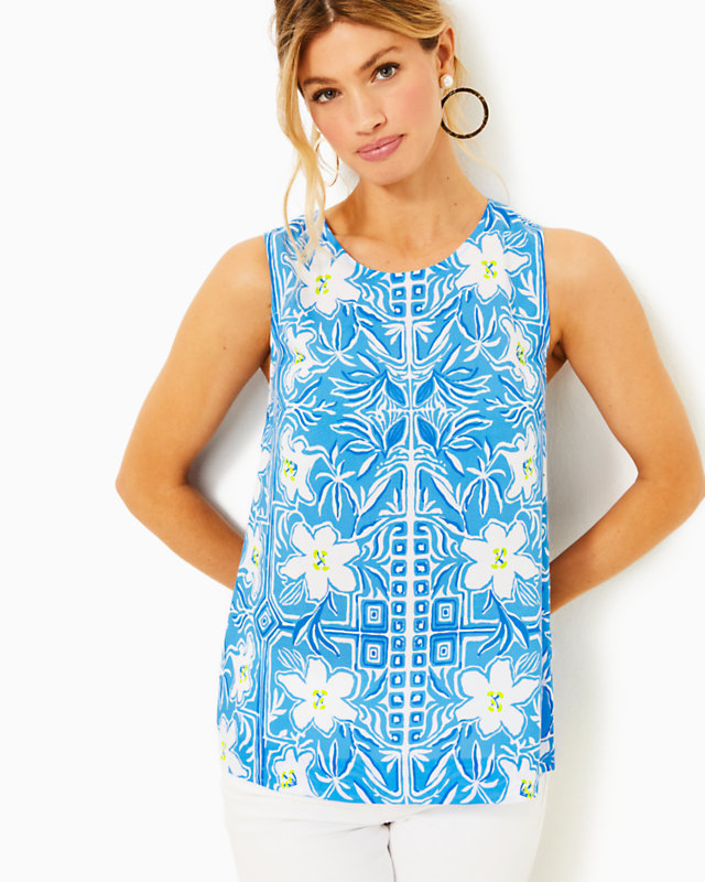 Iona Sleeveless Top, Lunar Blue My Flutter Half Engineered Woven Top, large - Lilly Pulitzer