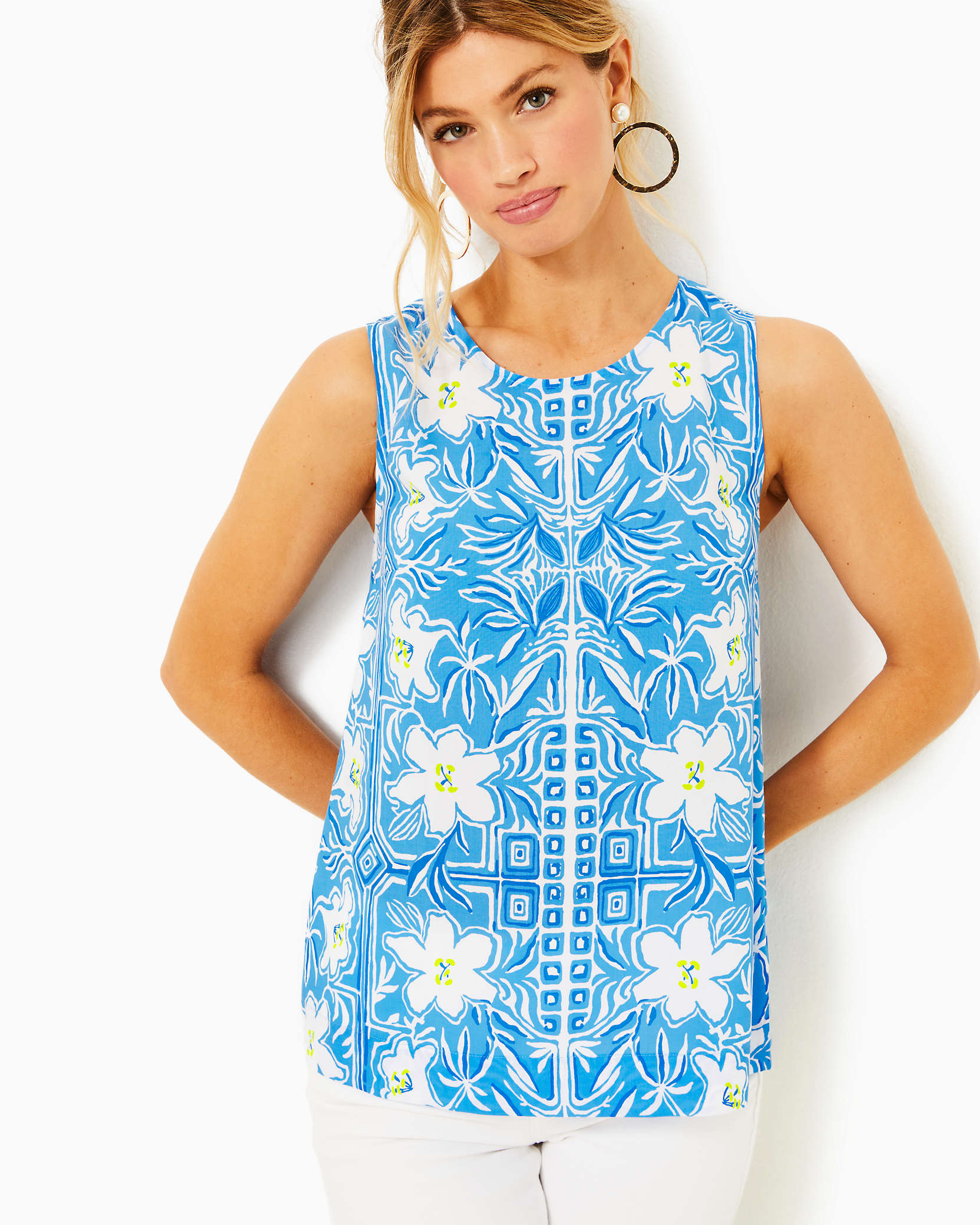 Shop Lilly Pulitzer Iona Sleeveless Top In Lunar Blue My Flutter Half Engineered Woven Top