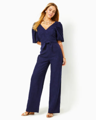 Kirrabelle Jumpsuit, True Navy Pineapple Pucker Jacquard, large image undefined