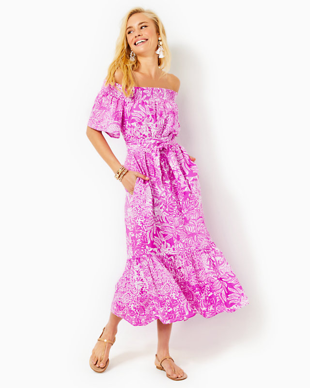 Isbell Off-The-Shoulder Linen Midi Dress, Wild Fuchsia Swipe Right, large - Lilly Pulitzer