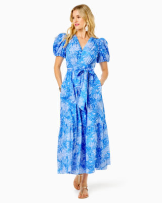 The Cecelia Organic Cotton Short Sleeve High Neck Maxi Dress In Blue Floral  by Lavaand