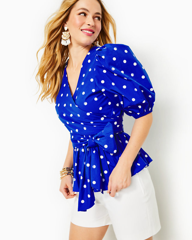 Kara Cotton Wrap Top, Blue Grotto Hotter Spot, large - Lilly Pulitzer