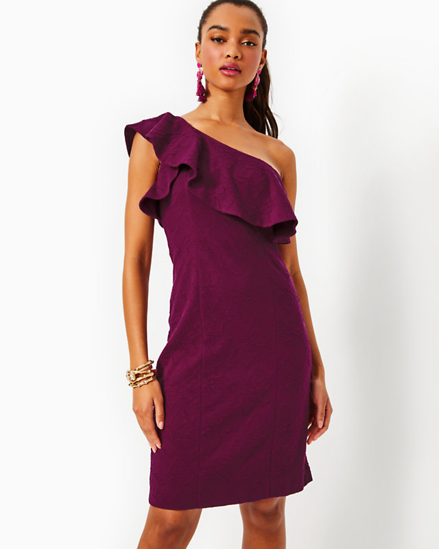 Bordeaux One-Shoulder Dress, Amarena Cherry Knit Pucker Jacquard, large - Lilly Pulitzer