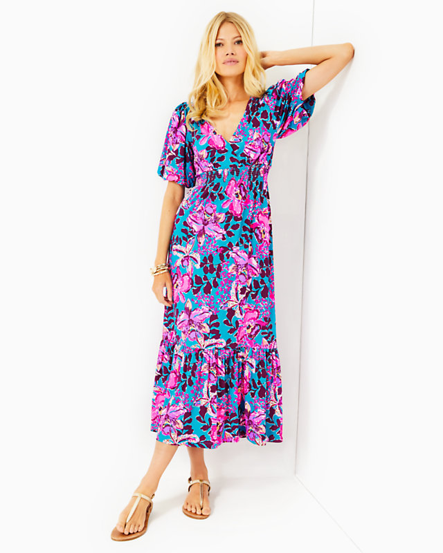 Holloway Elbow Sleeve Midi Dress, Blue Rhapsody Orchid You Not, large - Lilly Pulitzer