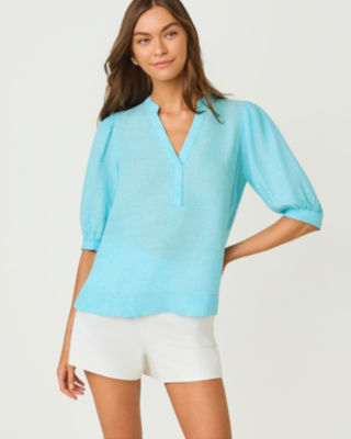Mialeigh Linen Top, Capri Blue X Resort White, large