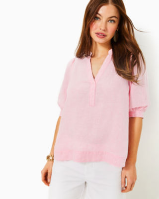 Mialeigh Linen Top, Conch Shell Pink X Resort White, large - Lilly Pulitzer