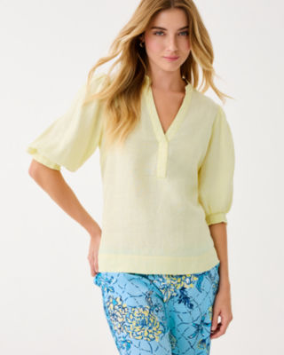 Mialeigh Linen Top, Limoncello X Resort White, large
