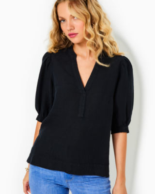 Mialeigh Linen Top, Noir X Noir, large - Lilly Pulitzer