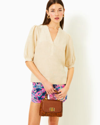 Lilly Pulitzer Mialeigh Elbow Sleeve Linen Top In Sand Bar In Sand Bar X Resort White