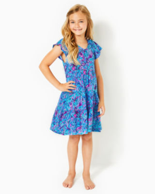 Girl's Navy and Pink Rifle Paper Floral Print Ruffle Cotton Dress